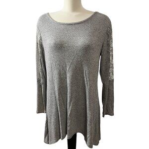 Premise Lace Sleeve Oversized Sweater Sz Large Womens Gray Keyhole Back Flowy